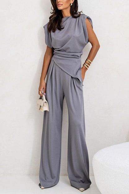 Moxidress Ruched Asymmetrical Top and Wide Leg Pants Set
