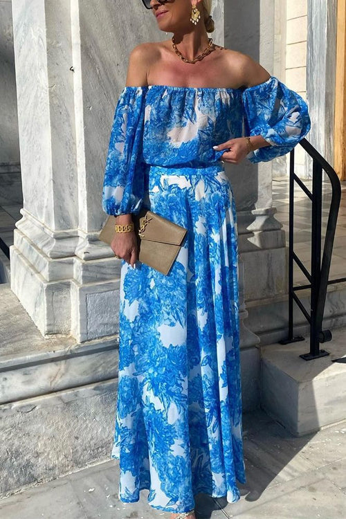 Off Shoulder Lantern Sleeves Printed Flowy Maxi Dress