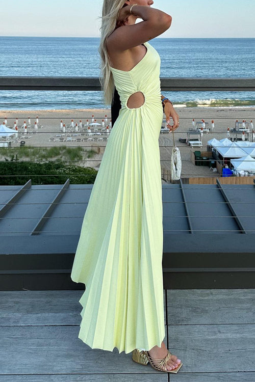 Moxidress One Shoulder Cut Out Irregular Hem Pleated Satin Maxi Dress