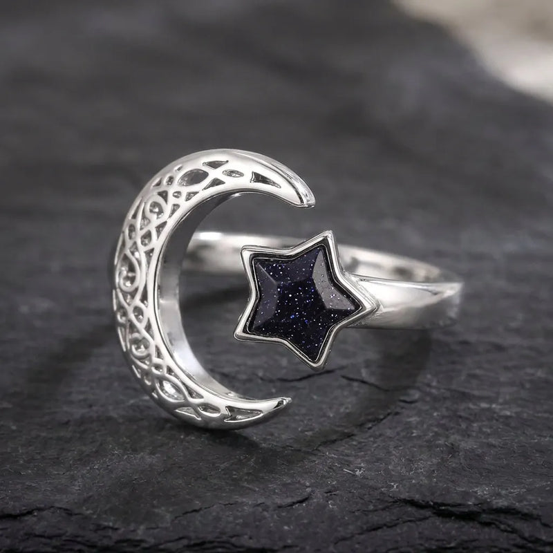 Vintage Adjustable Silver Moon And Star Ring