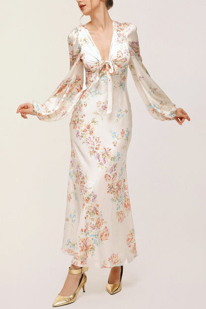 Melissa Print V-neck Satin Maxi Dress