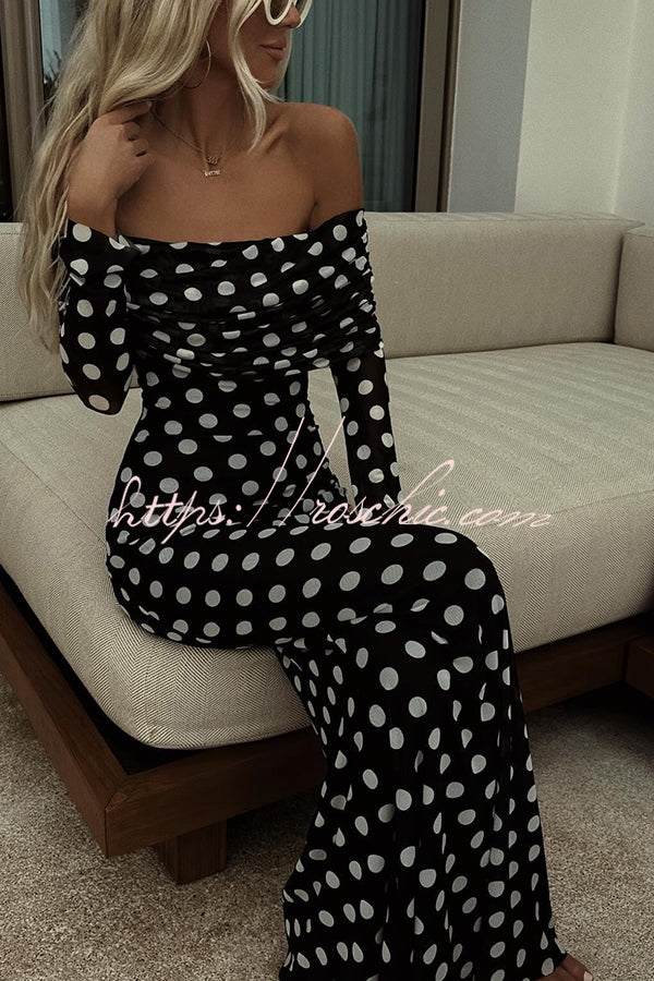 Statement Polka Dot Print Off Shoulder Ruched Stretch Maxi Dress