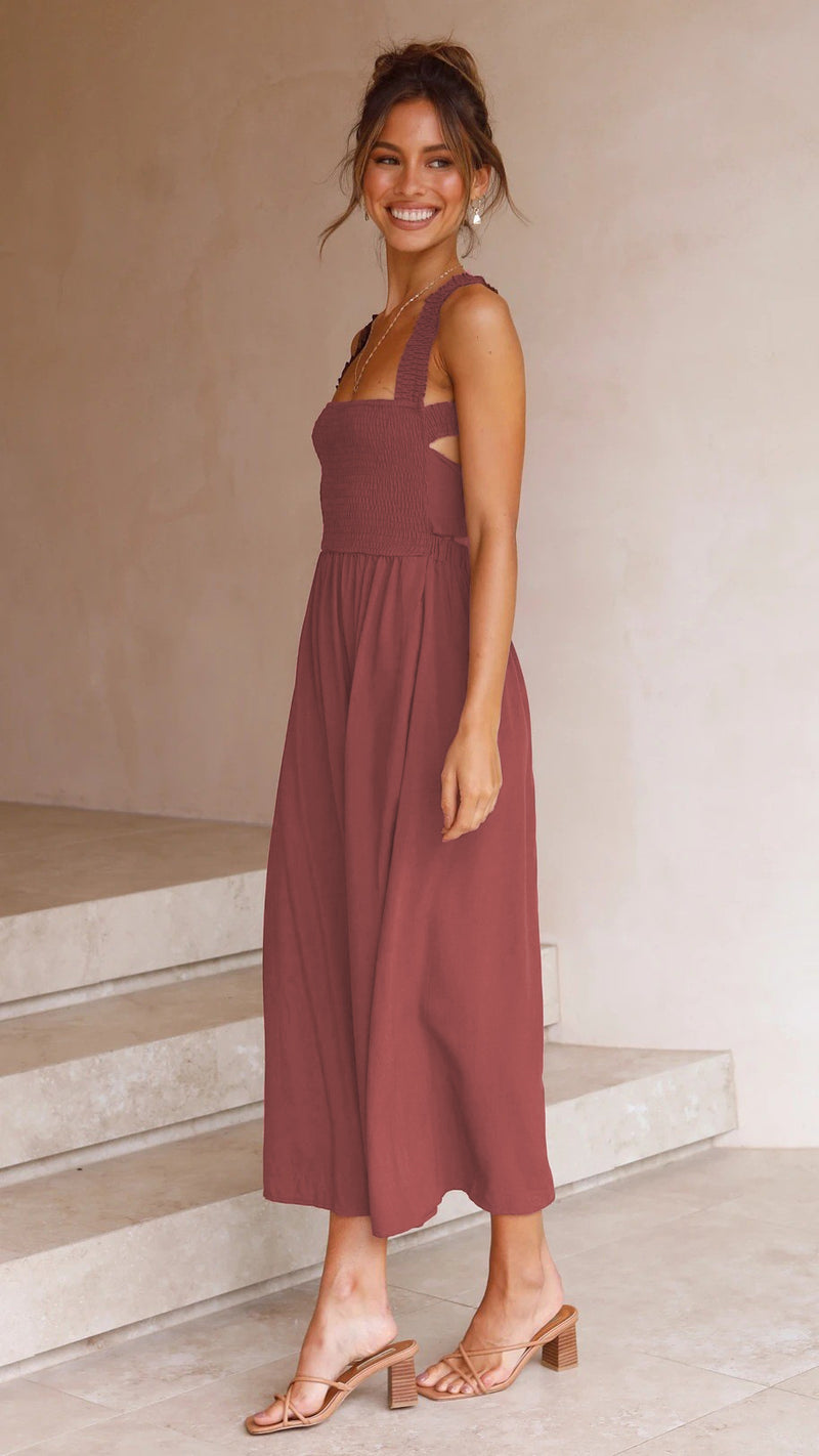 Red Cotton A-line Midi Dress
