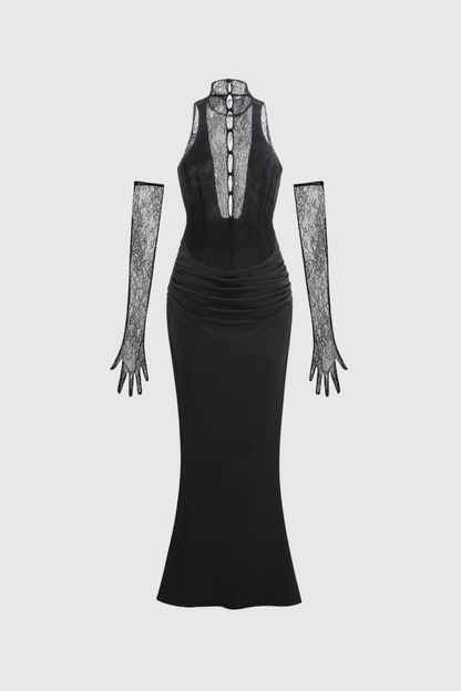 Darleen Cowl Neck Ruch Lace Maxi Dress in Black