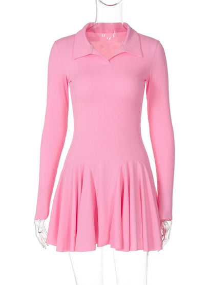 Long Sleeve Pleated Knit Mini Dress for Robe Autumn Winter New Lapel High Waist Knitted Sweater Dress