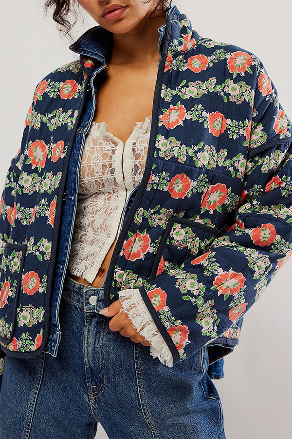 Print Pocket Contrast Concealed Button Cotton Coat