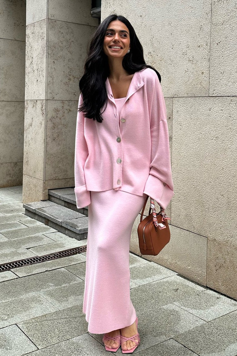 Minimalist Knit Long Sleeve Cardigan Cami Three Piece Set