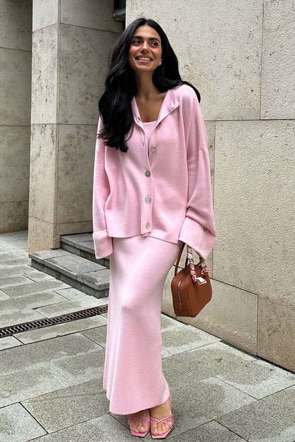 Minimalist Knit Long Sleeve Cardigan Cami Three Piece Set
