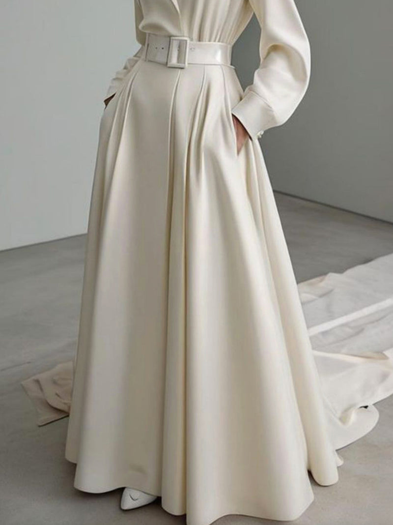 Long Sleeves Loose No Belt Color Notched Collar Maxi Dresses