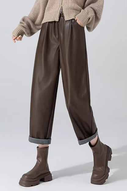 Slim Pu Leather Elastic Waist Straight Pants