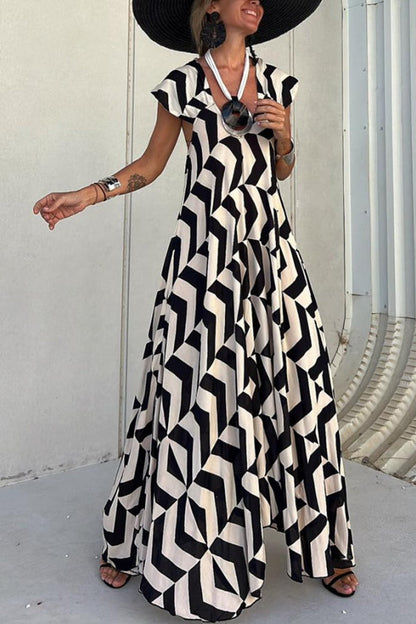 Fresh Breeze Unique Print Ruffle Sleeve A-line Maxi Dress