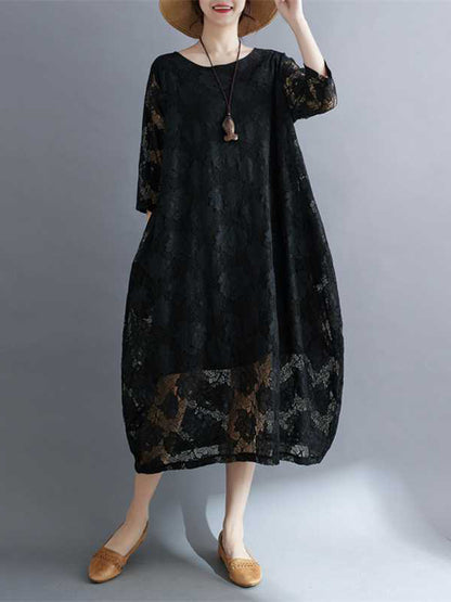 Half Sleeves Loose Hollow Color Round-neck Midi Dresses