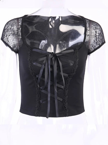 Tops Goth T-shirt Bodycon Bandage Lace Black T-shirts Gothic Female Top Mesh Tee