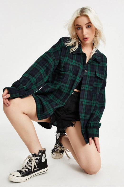 Plaid Stand Collar Button Shirt Blouse