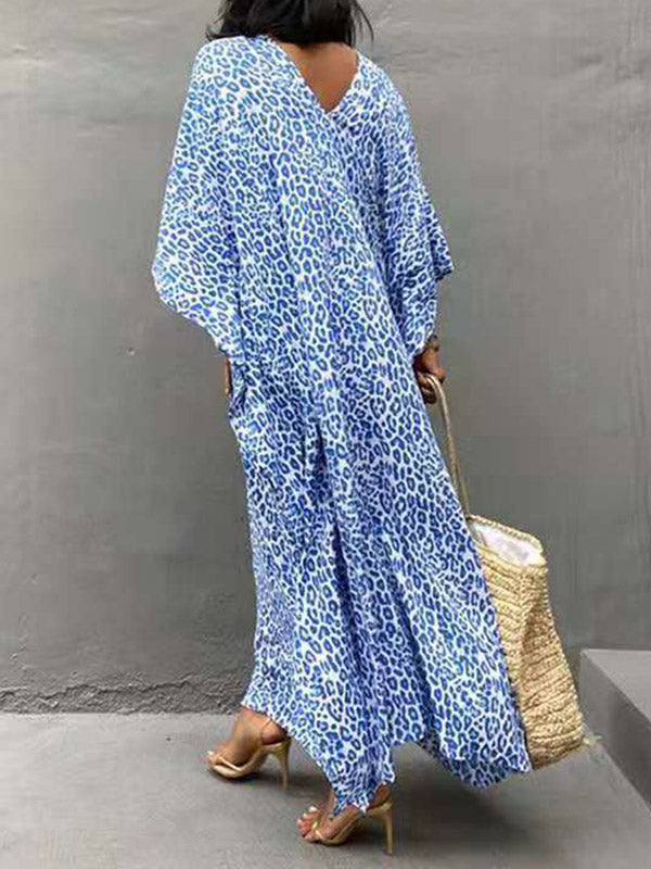 Batwing Sleeves Loose Leopard Split-side Sun Protection V-neck Cover-ups Swimwear Maxi Dresses