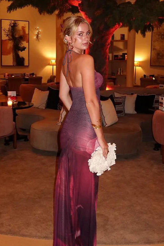 Mesh Ruched Backless Maxi Dress