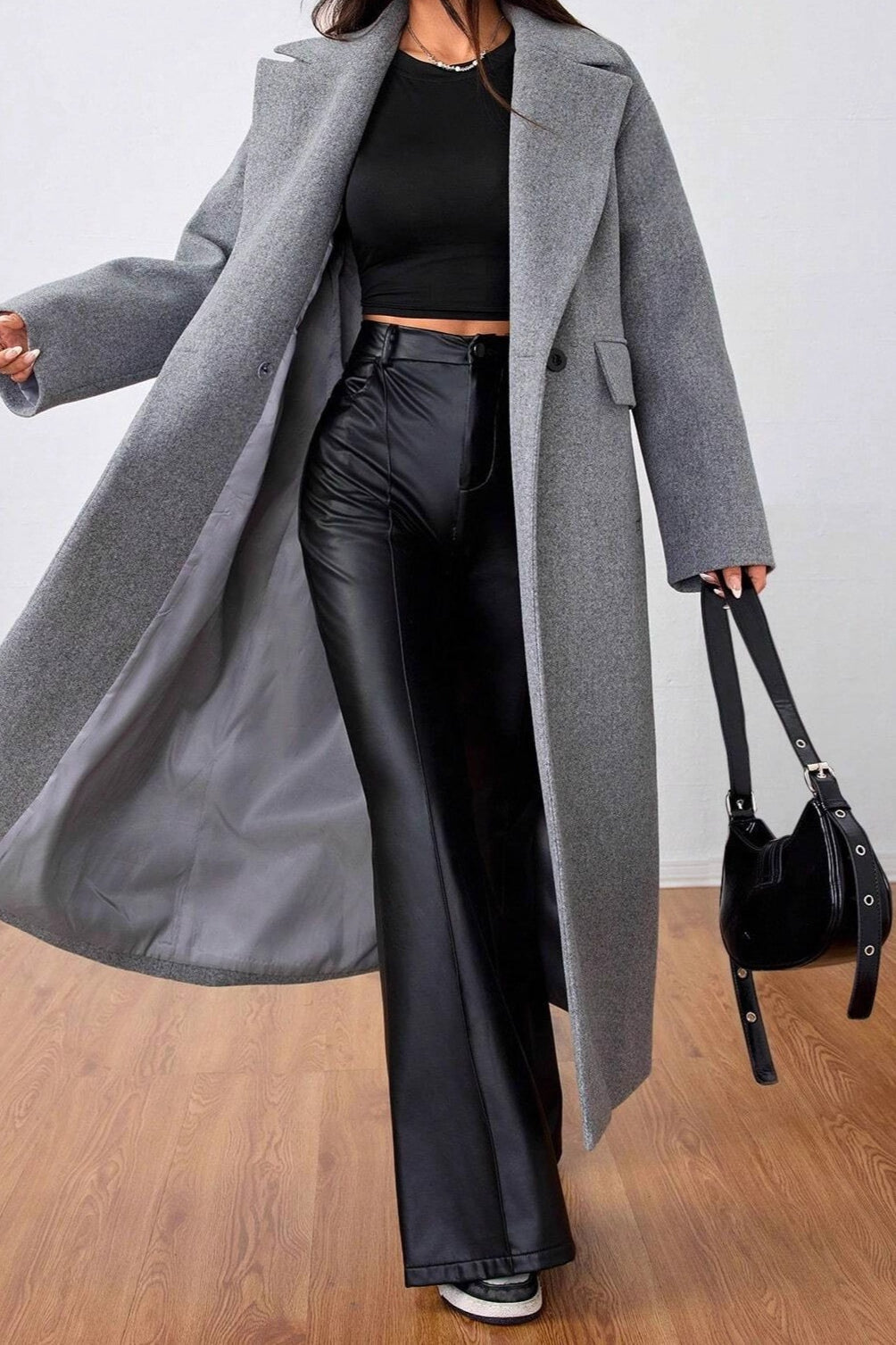 Wool Blend Lapel Long Overcoat