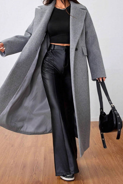 Wool Blend Lapel Long Overcoat