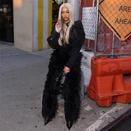 Feather Splice Long Pants High Waist Slim Straight Pants for Woman Winter Party Femme New