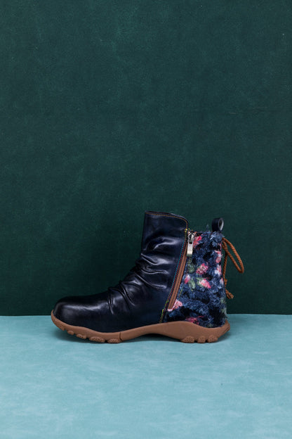 Soffia | Ruched Black Leather Combat Boot