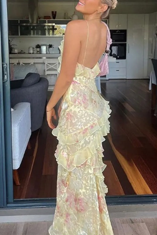 Moxidress Spaghetti Strap Backless Ruffle Trim Printed Maxi Dress