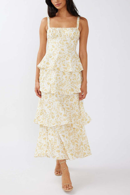 Print Tie-up Tiered Midi Dress