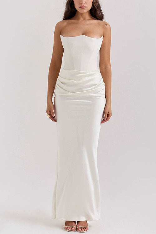 Moxidress Strapless Ruched Satin Splice Bodycon Maxi Dress