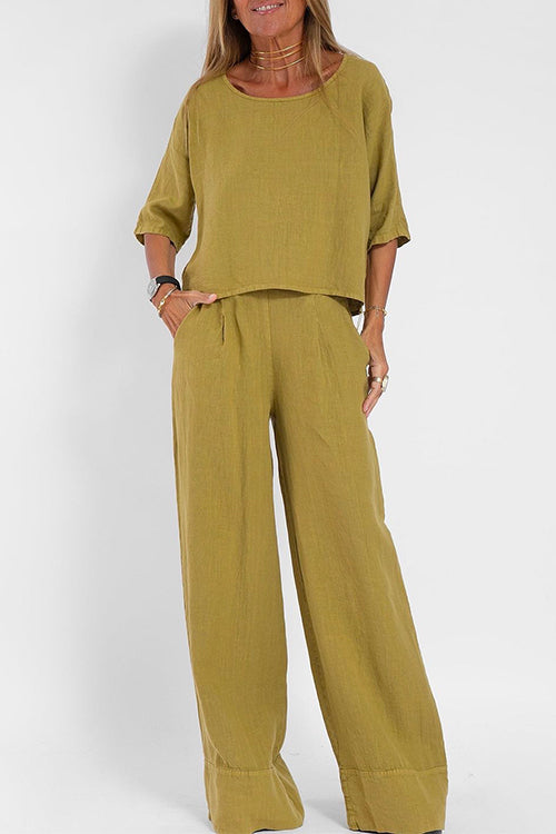 Round Neck 3/4 Sleeves Pullovers Wide Leg Pants Cotton Linen Set