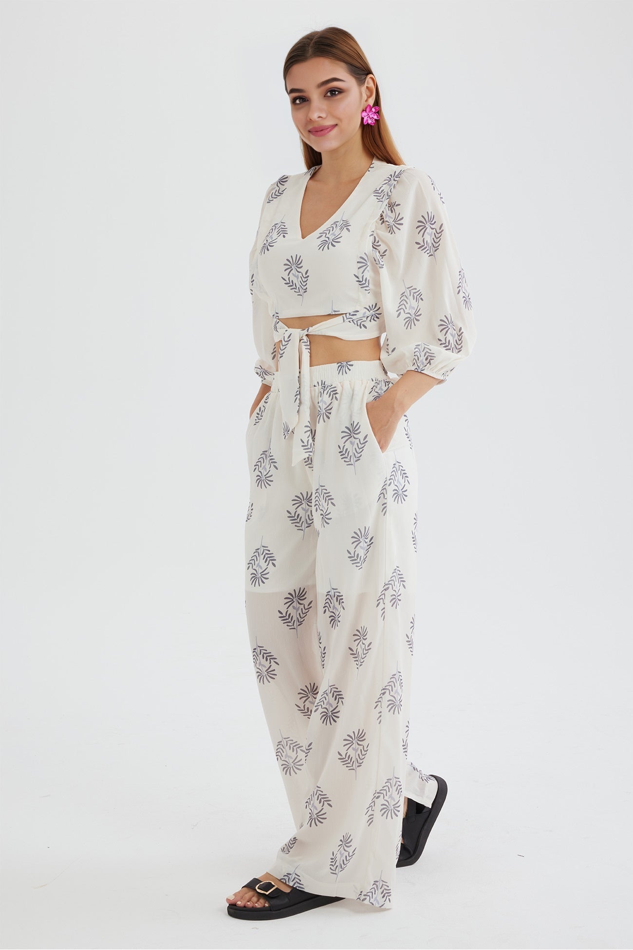 Print Puff Sleeve Knotted-front Tops Long Pants Suits