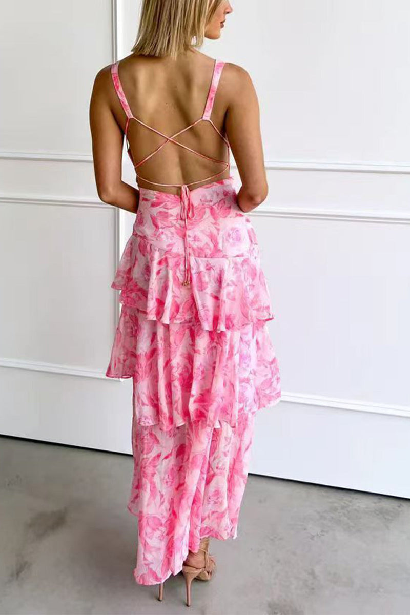 Print Tie-up Back Chiffon Tiered Dress