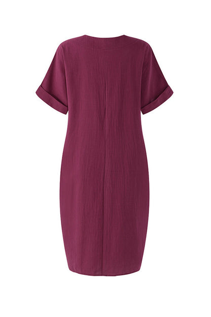 V-neck Short Sleeve Pocketed Cotton Dress