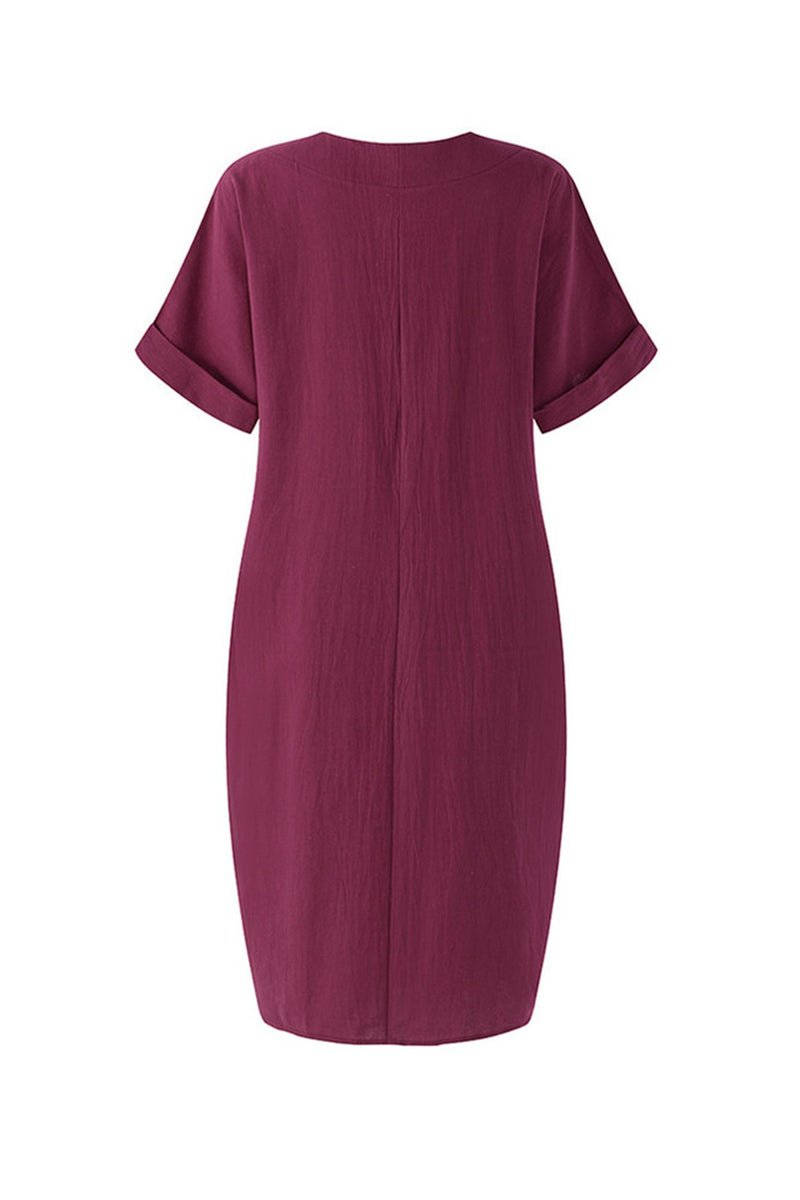 V-neck Short Sleeve Pocketed Cotton Dress