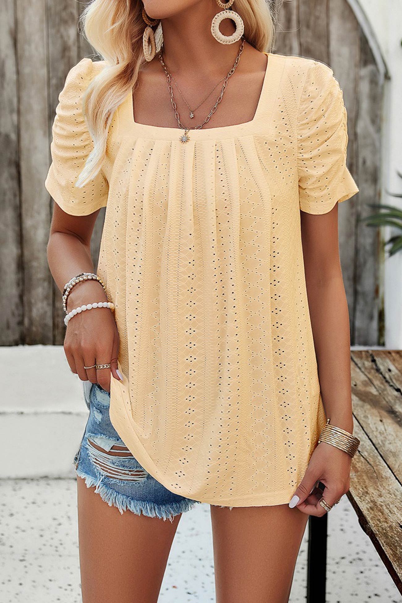 Square Neck Puff Sleeve Hollow Out Blouse