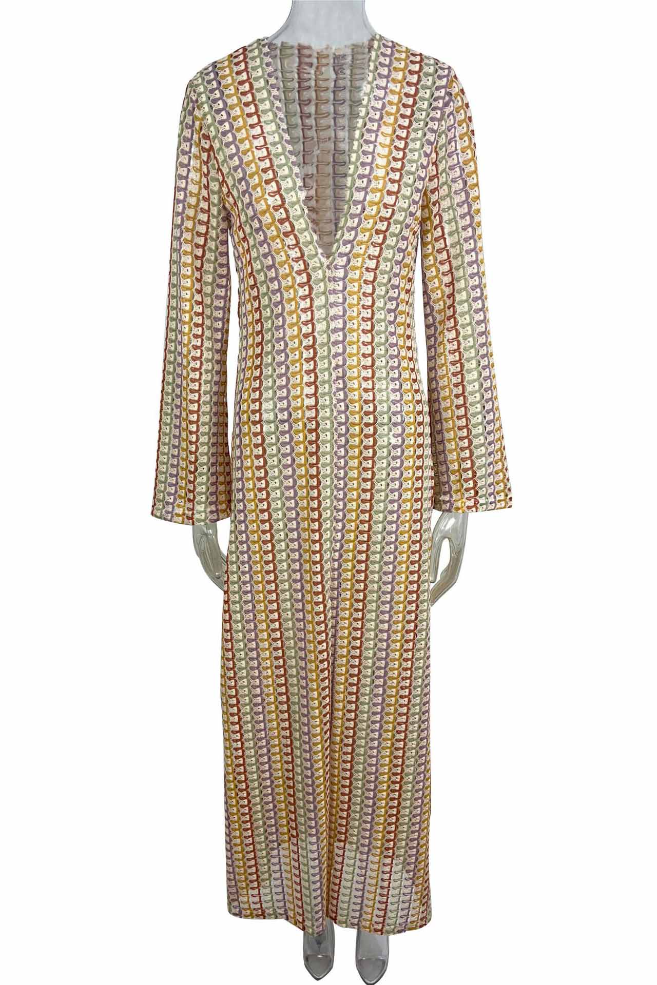 V Neck Bell Sleeve Wavy Striped Crochet Beach Vacation Maxi Dress