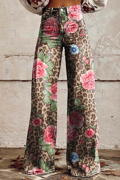 Leopard Print Wide Leg Pocketed Pants