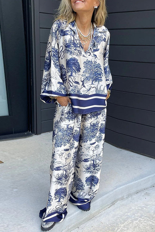 Lapel V Neck Long Sleeves Shirt Wide Leg Pants Printed Set