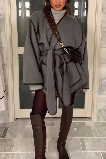 Moxidress Open Front Pocketed Splice Coat With Belt