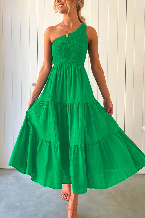 Moxidress One Shoulder Sleeveless Smocked Ruffle Tiered Maxi Dress
