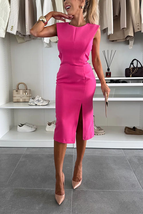 Moxidress Crewneck Sleeveless Slit Bodycon Midi Dress