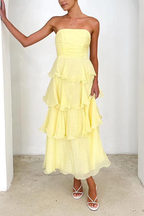 Strapless Empire Waist Ruffle Layered Maxi Dress