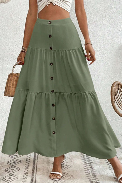 Single-breasted Color Tiered Maxi Skirt