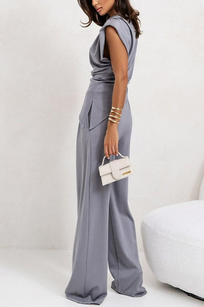 Moxidress Ruched Asymmetrical Top and Wide Leg Pants Set