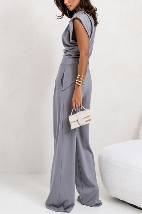 Moxidress Ruched Asymmetrical Top and Wide Leg Pants Set