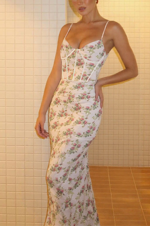 Spaghetti Strap Corset Print Bodycon Maxi Dress