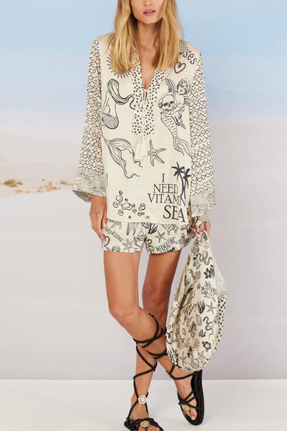Moxidress Collared V Neck Shirt and Side Slit Shorts Vitamin Sea Print Set