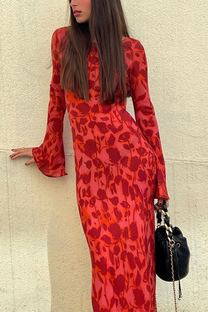 Moxidress Bell Long Sleeves Print Maxi Dress