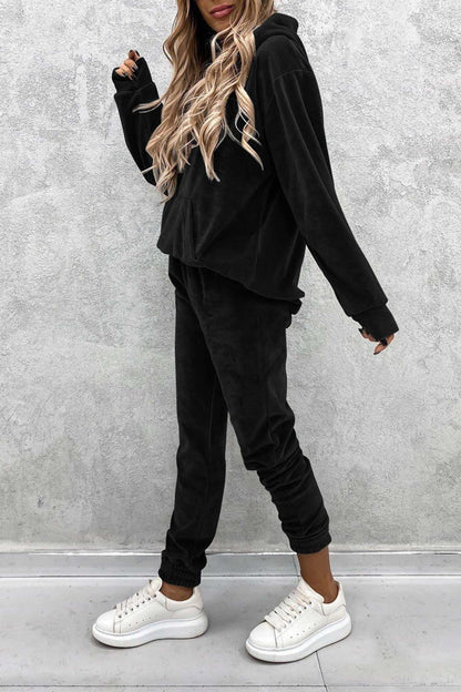 Velour Color Hoodie Long Pants Set