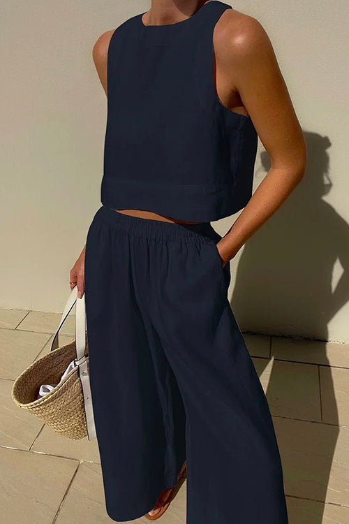 Moxidress Crewneck Crop Tank Top Elastic Waist Wide Leg Pants Set