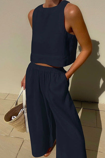 Moxidress Crewneck Crop Tank Top Elastic Waist Wide Leg Pants Set