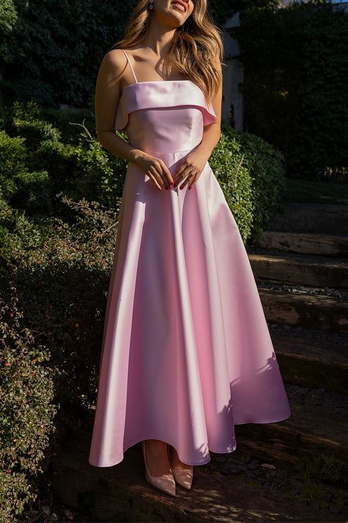 Spaghetti Strap Waisted A-line Satin Maxi Dress